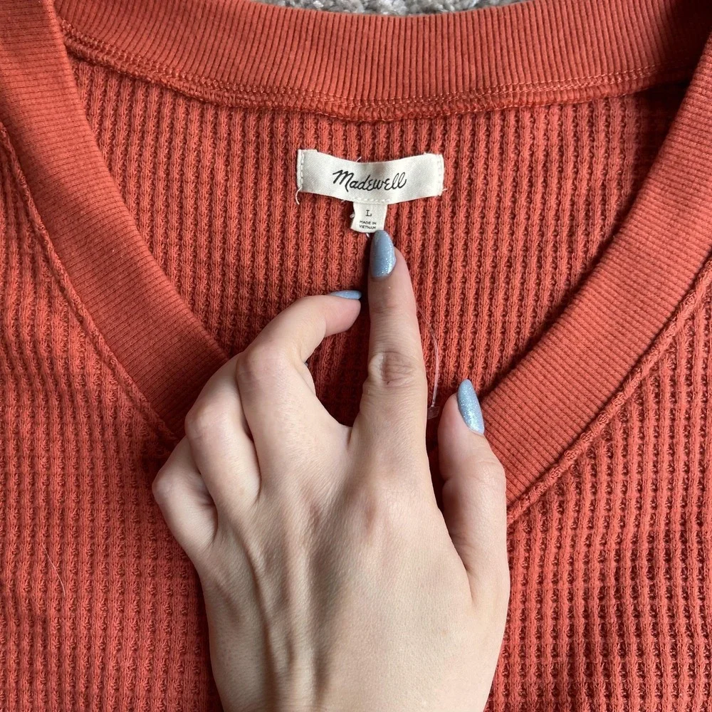 Madewell Sweater Womens Large Orange V Neck Waffle Knit Long Sleeve Pullover